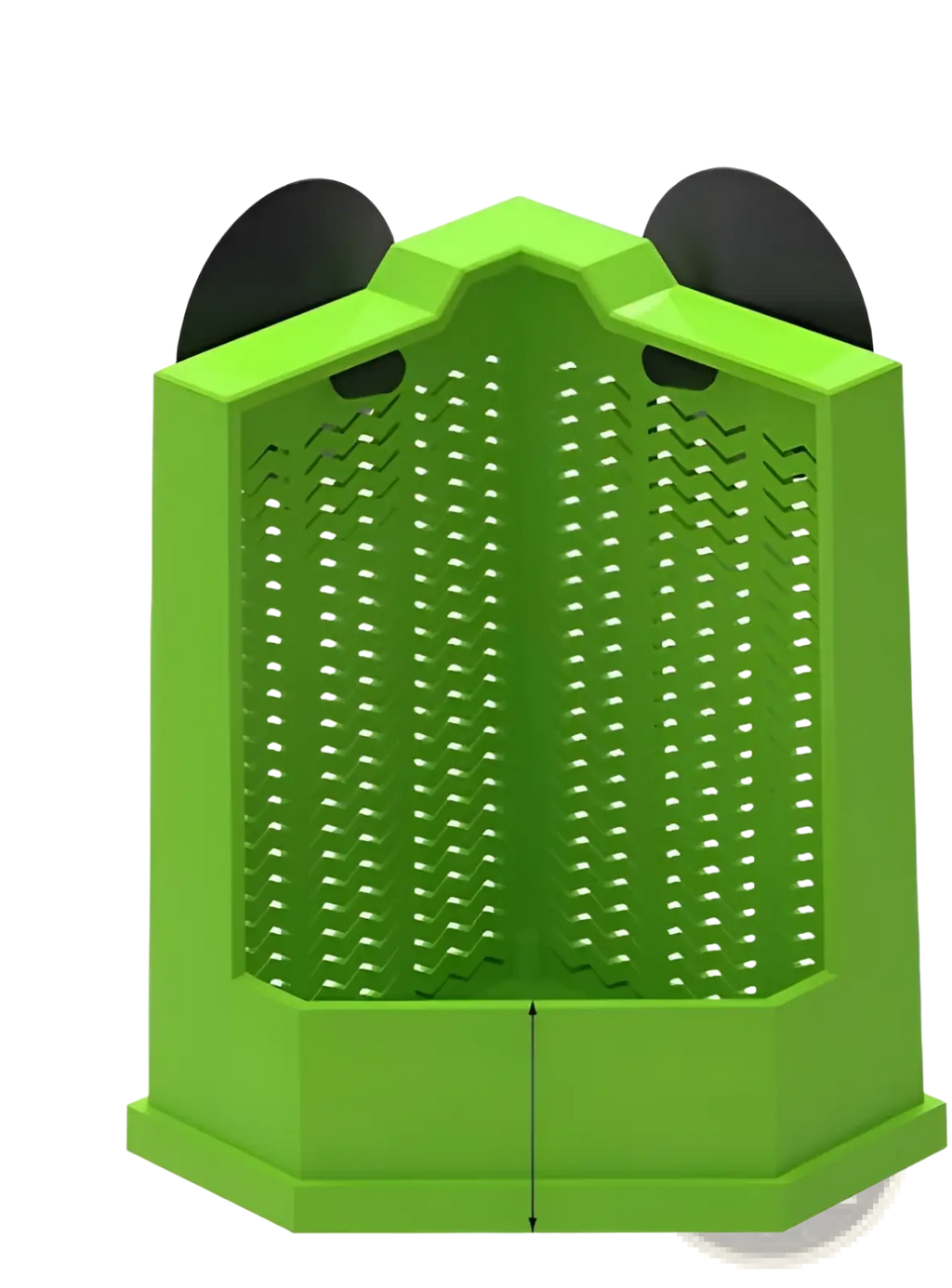 Bright green plastic bearded dragon corner feeder with black panda ear accents and suction cups for easy attachment