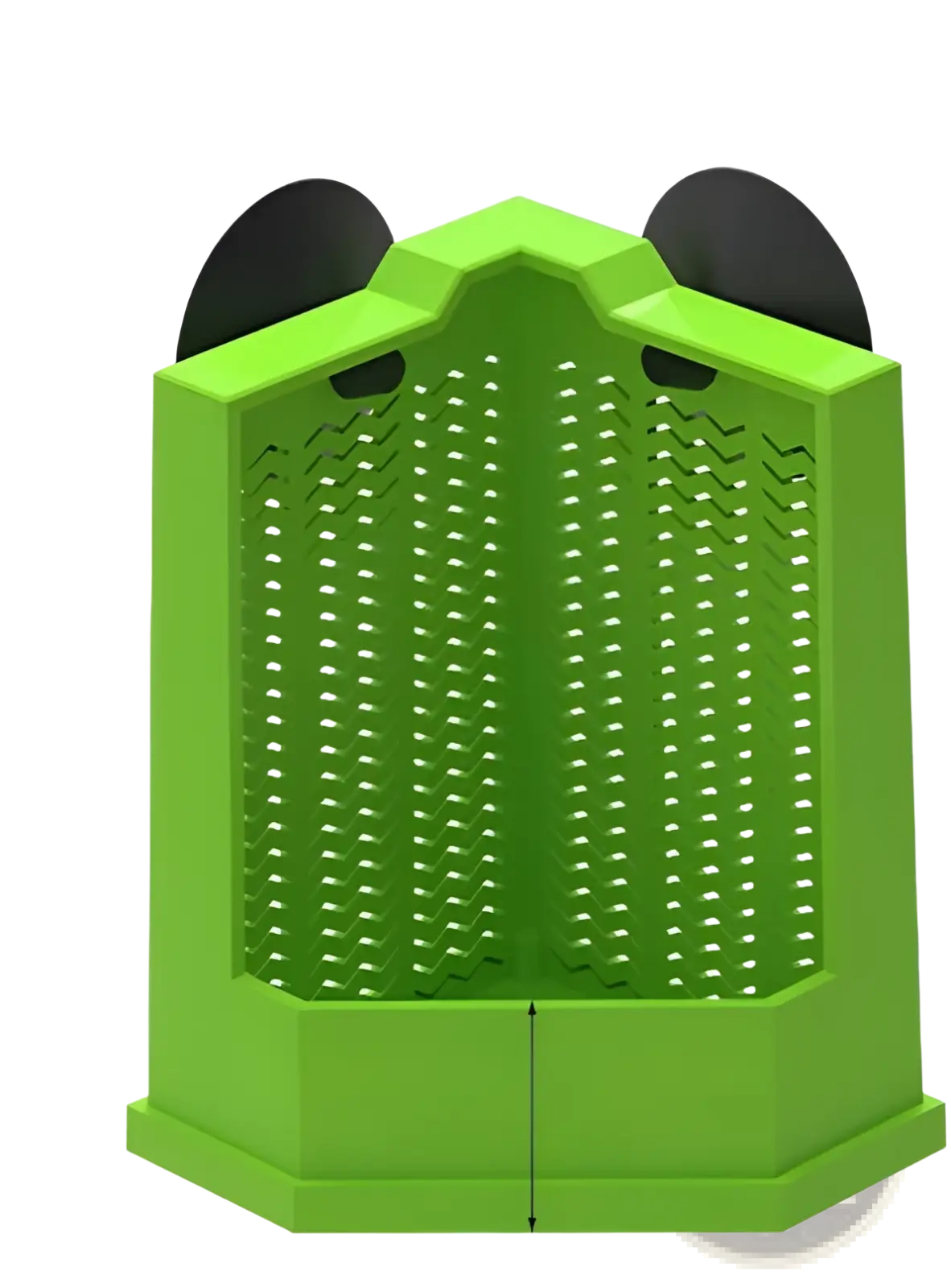 Bright green plastic bearded dragon corner feeder with black panda ear accents and suction cups for easy attachment