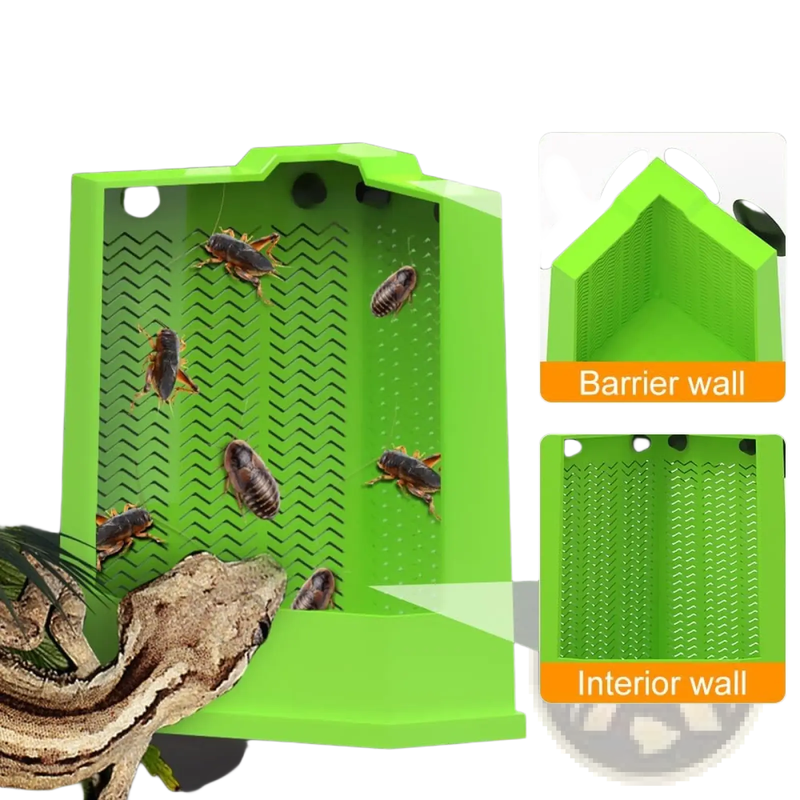Bright green plastic bearded dragon corner feeder with suction cups and recessed anti-escape zigzag and dot design