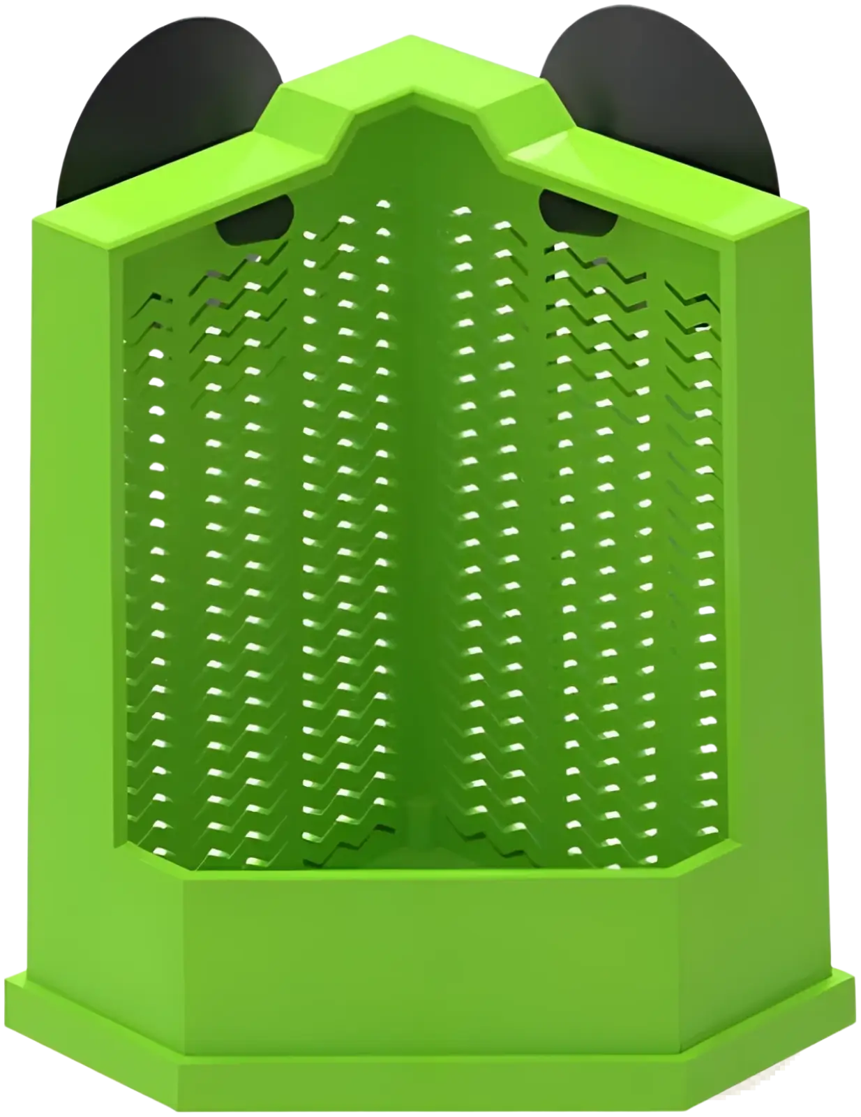 Bright green plastic bearded dragon corner feeder with suction cups and black panda ear accents with zigzag interior
