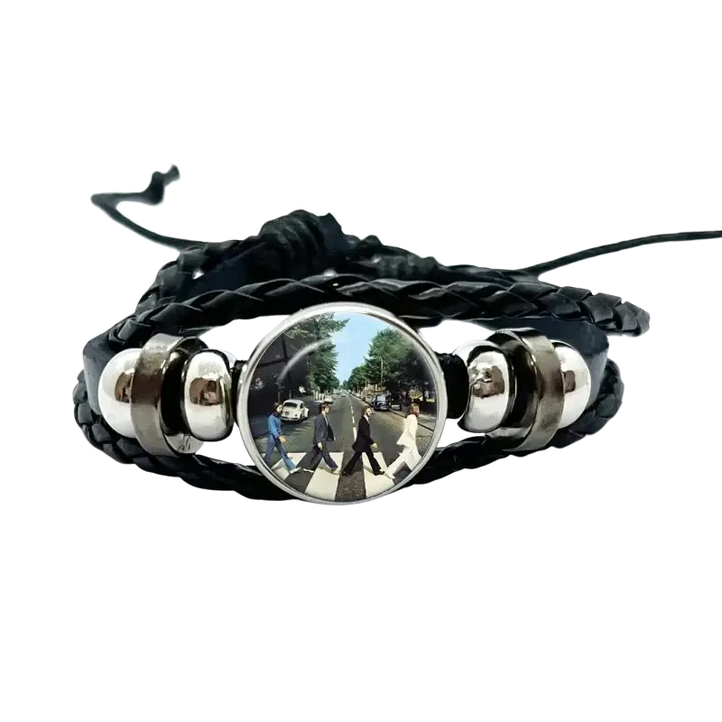 Beatles leather braided bracelet in black with silver metal beads and glass dome charm featuring abbey road cover