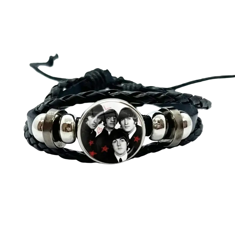 Black braided leather Beatles bracelet with silver frame featuring black and white photo and red star accents