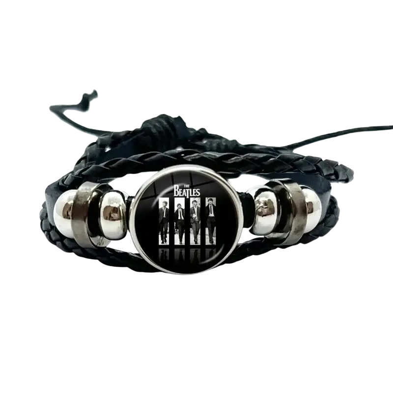 Black braided leather bracelet with silver beads and a glass dome charm featuring the beatles iconic photo