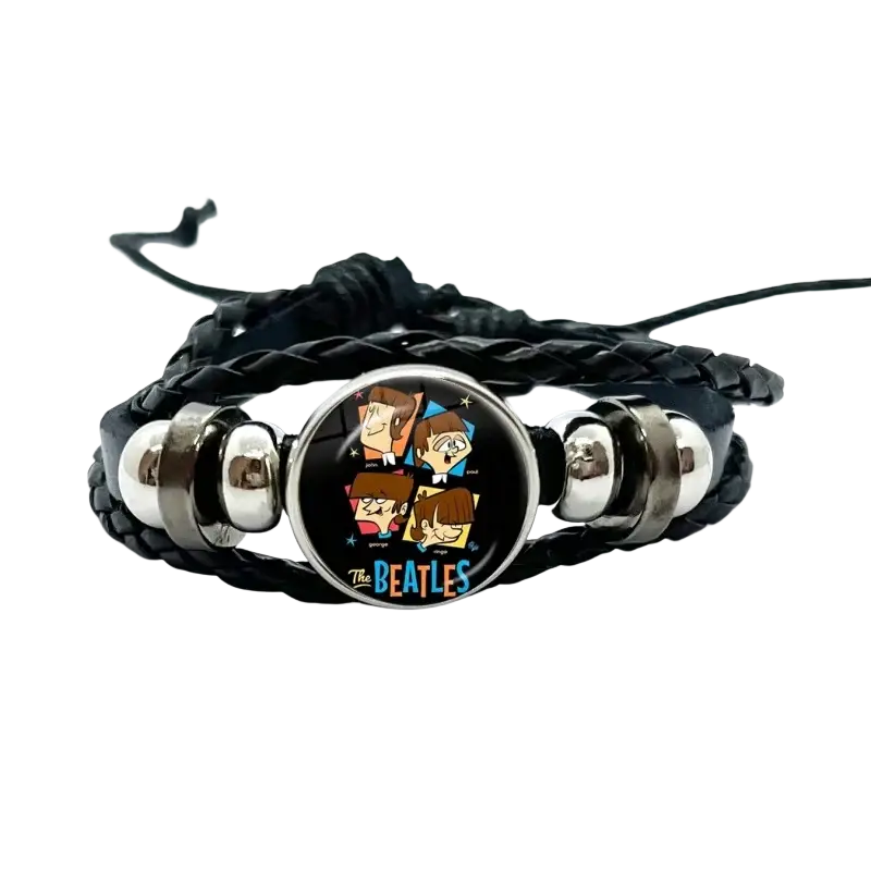 Beatles leather braided bracelet in black with silver-toned beads and a glass dome charm featuring cartoon Beatles illustrations