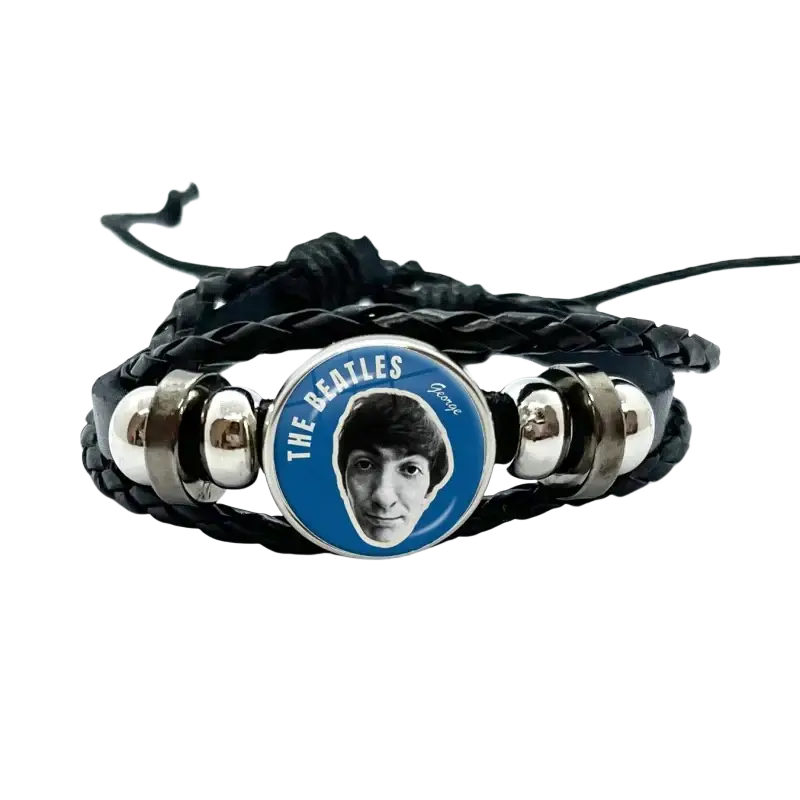 Black braided leather bracelet with a circular blue and silver George Harrison glass dome charm Beatles jewelry