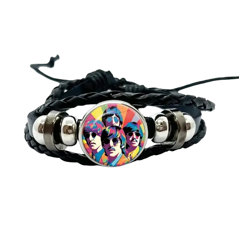 Black braided leather Beatles bracelet with colorful psychedelic glass dome charm and silver-toned metal beads