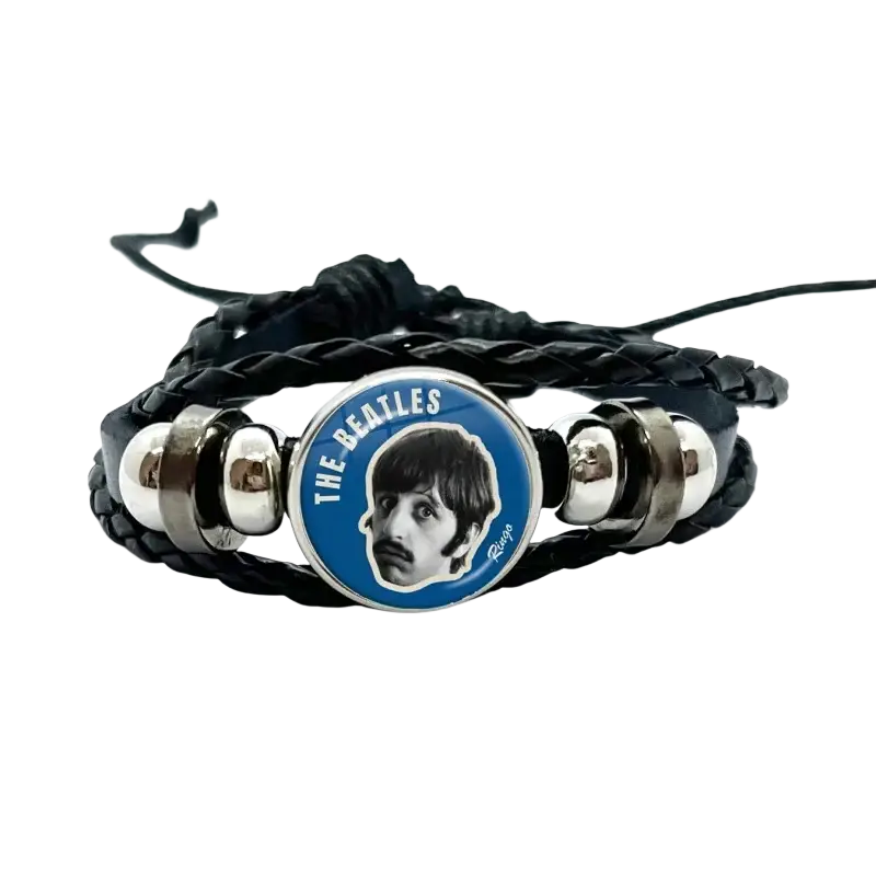 Black braided leather Beatles bracelet with circular blue and silver glass dome Paul McCartney charm