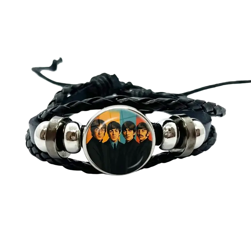 Black braided leather bracelet with circular glass charm featuring The Beatles 1960s album cover and silver metal beads