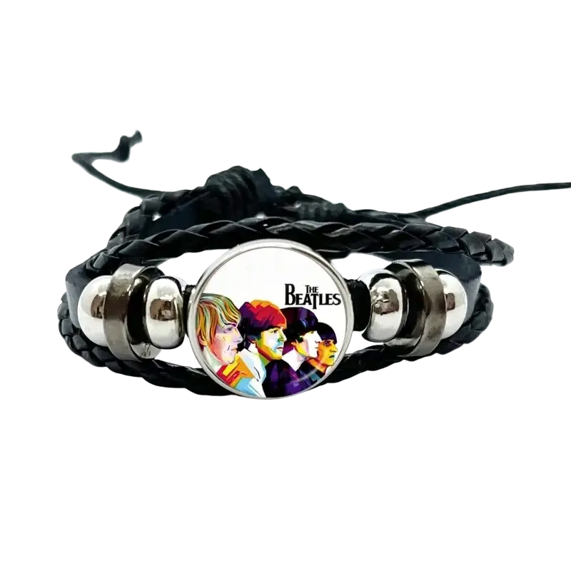 Black braided leather Beatles bracelet with circular glass dome charm featuring colorful illustration and silver beads