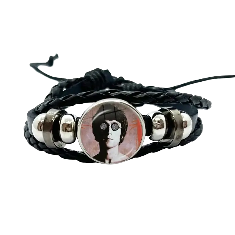 Black braided leather bracelet with a circular glass charm featuring john lennon portrait and silver-toned metal beads