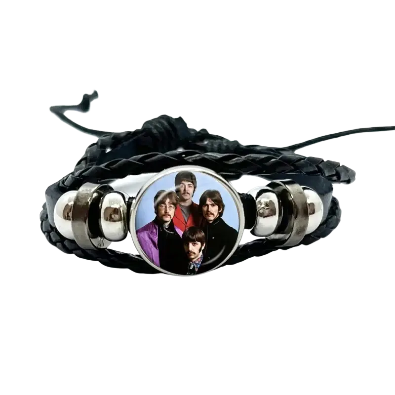 Black braided leather bracelet with a silver-toned circular frame holding a photo of the Beatles under glass dome