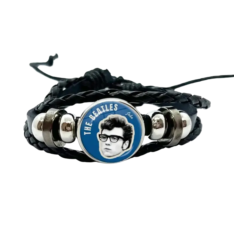 Black braided leather bracelet with circular blue and silver paul mccartney portrait charm beatles jewelry