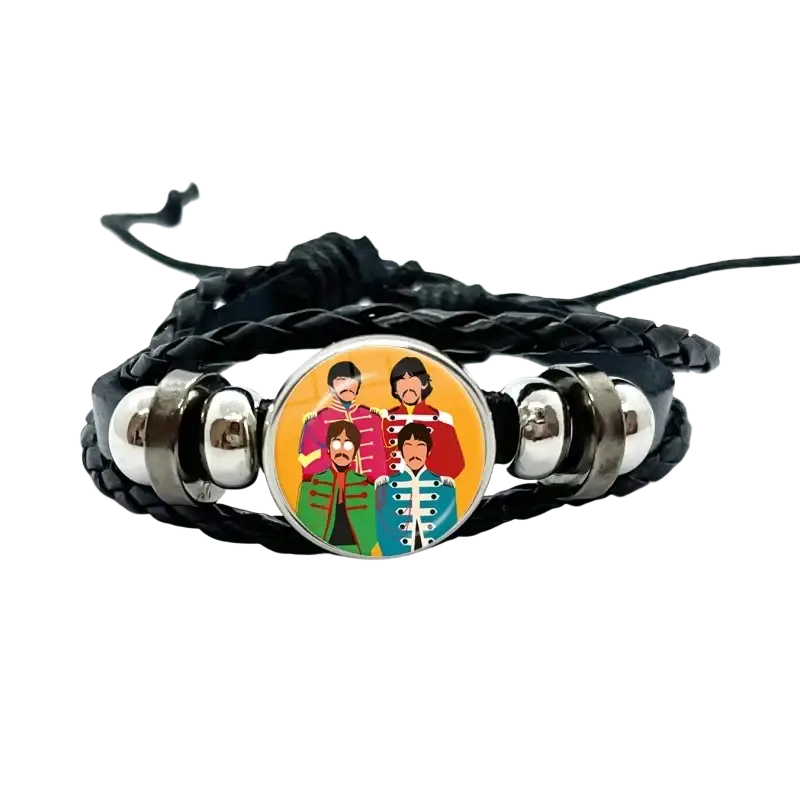 Black braided leather bracelet with silver metal beads and Beatles Abbey Road circular glass dome charm