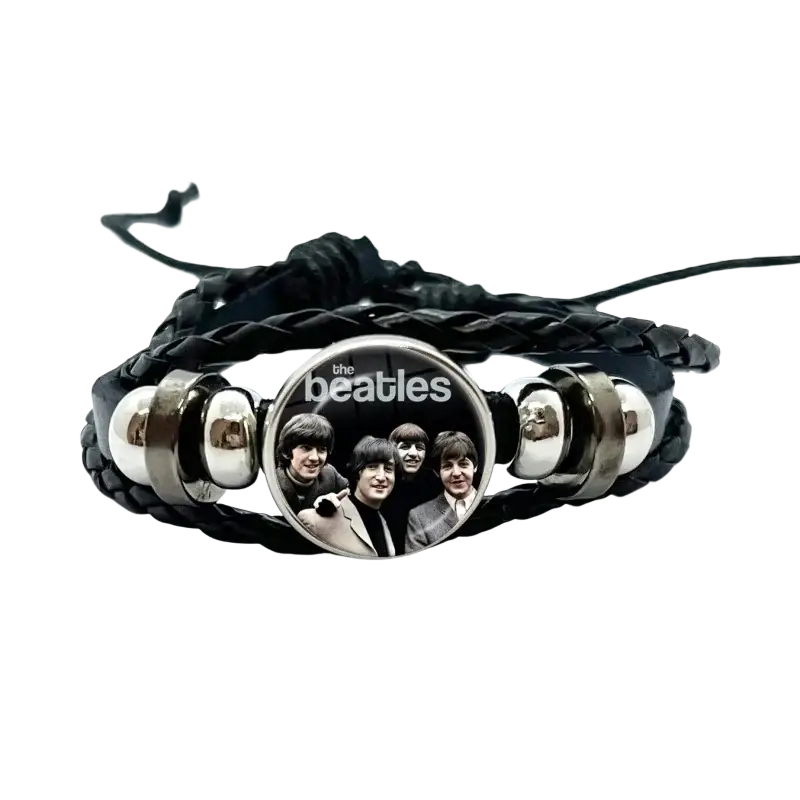 Black braided leather bracelet with circular silver-toned beatles photo charm from beatles leather braided bracelet glass dome jewelry
