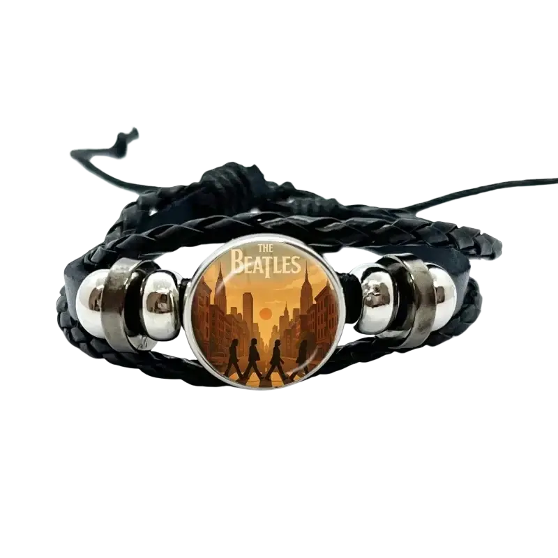 Black braided leather Beatles bracelet with silver metal beads and glass dome charm featuring Abbey Road album cover