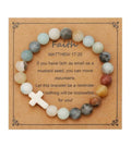 Natural stone cross stacking bracelet with multicolored smooth beads in light blue gray beige brown and white cross charm