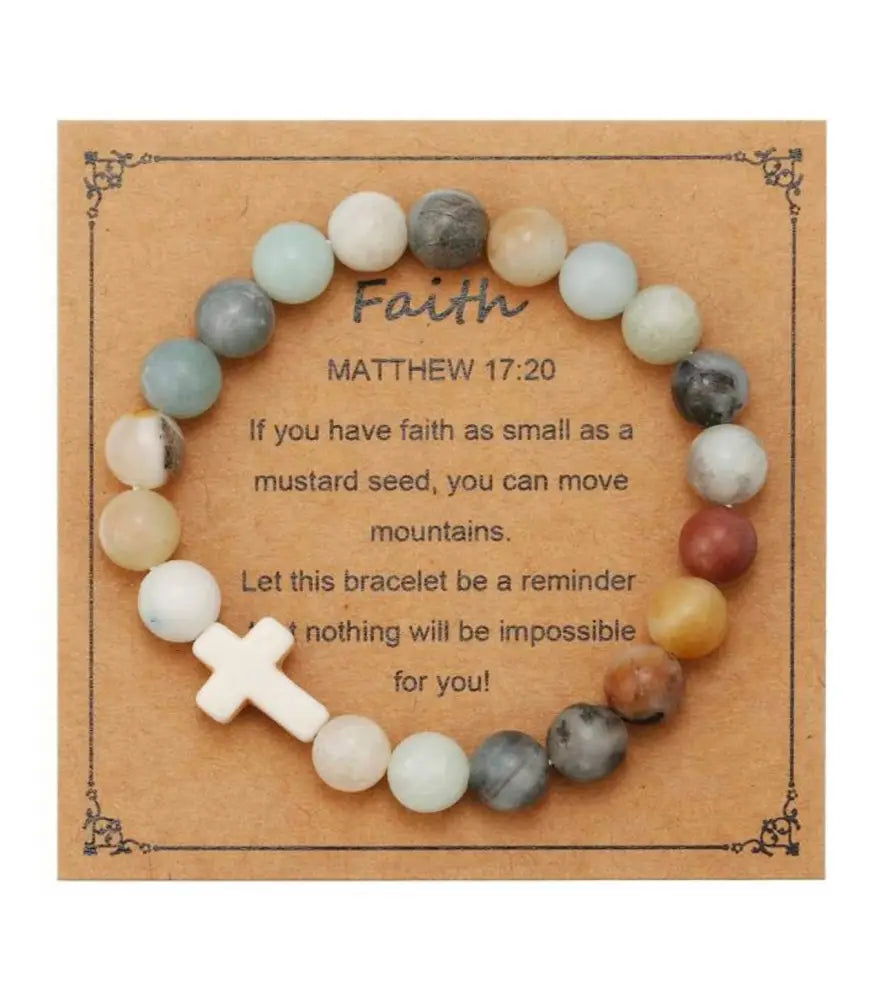 Natural stone cross stacking bracelet with multicolored smooth beads in light blue gray beige brown and white cross charm