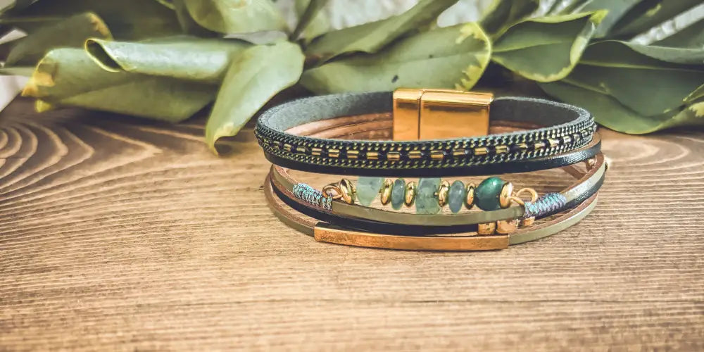 Layered green gemstone and leather magnetic bracelet set with turquoise beads and gold-toned magnetic clasp