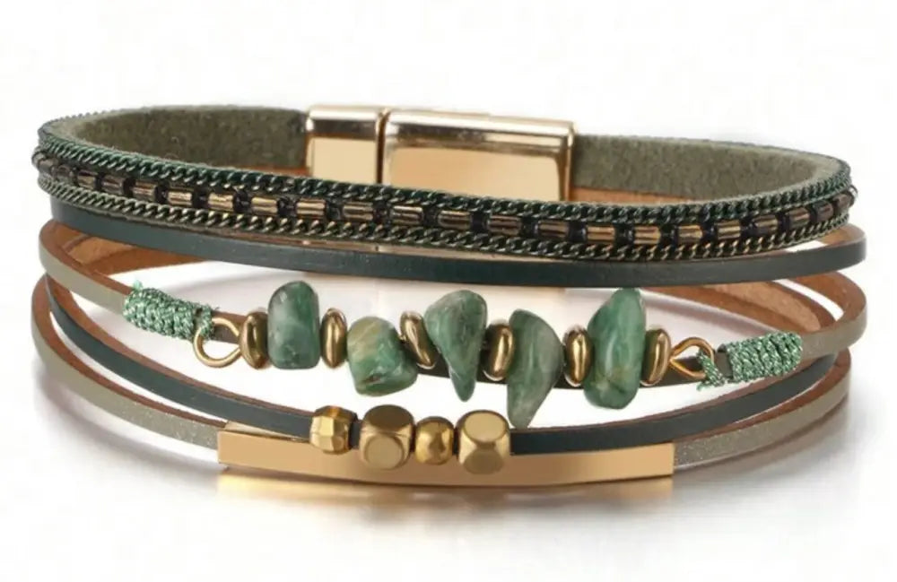 Layered green gemstone and leather magnetic bracelet with gold accents turquoise stones and multi-layered design