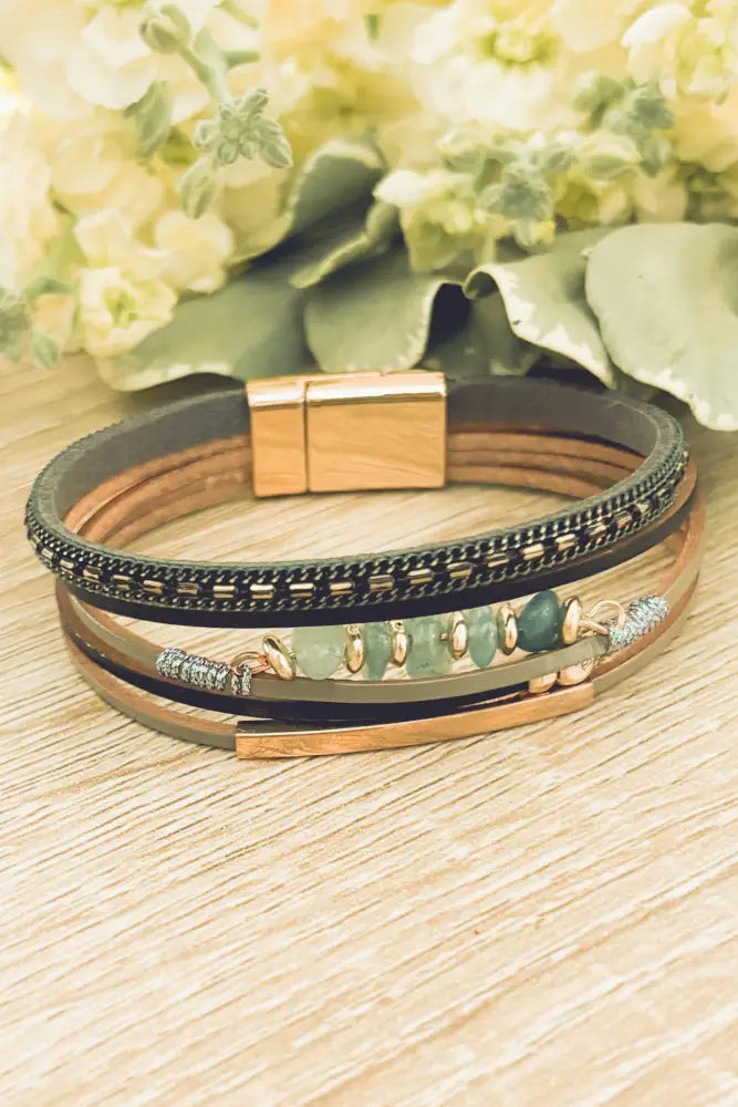 Layered green gemstone and leather magnetic bracelet with rose gold clasp and alternating dark and light brown bands