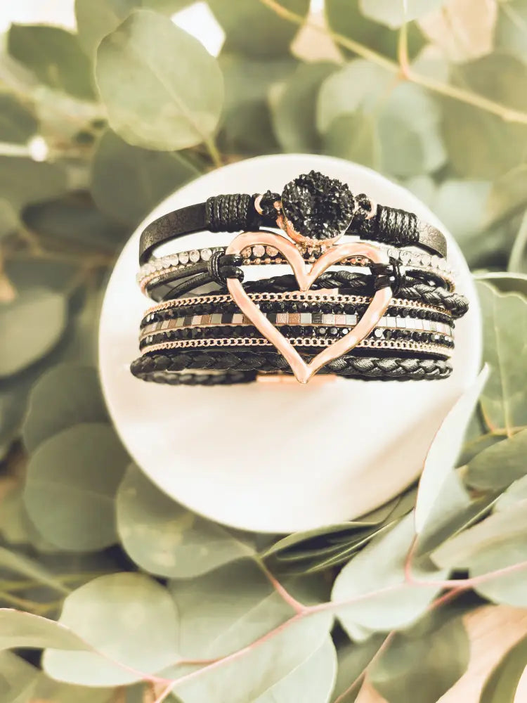 Layered black leather and rose gold heart druzy bracelet set with braided leather chains and sparkling crystal accent