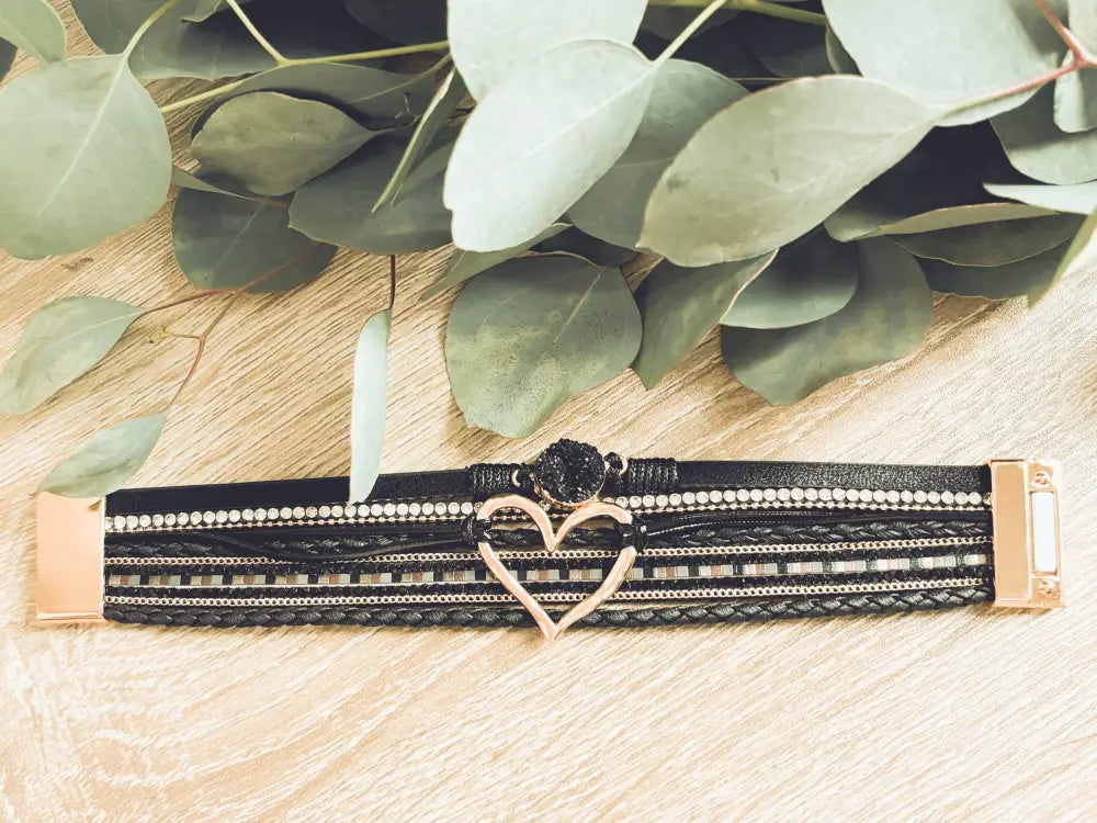 Layered black leather multi-strand bracelet with rose gold heart druzy charm and crystal accents
