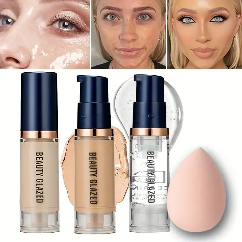 Three beauty glazed makeup set liquid foundation bottles with navy caps rose gold accents and peach makeup sponge