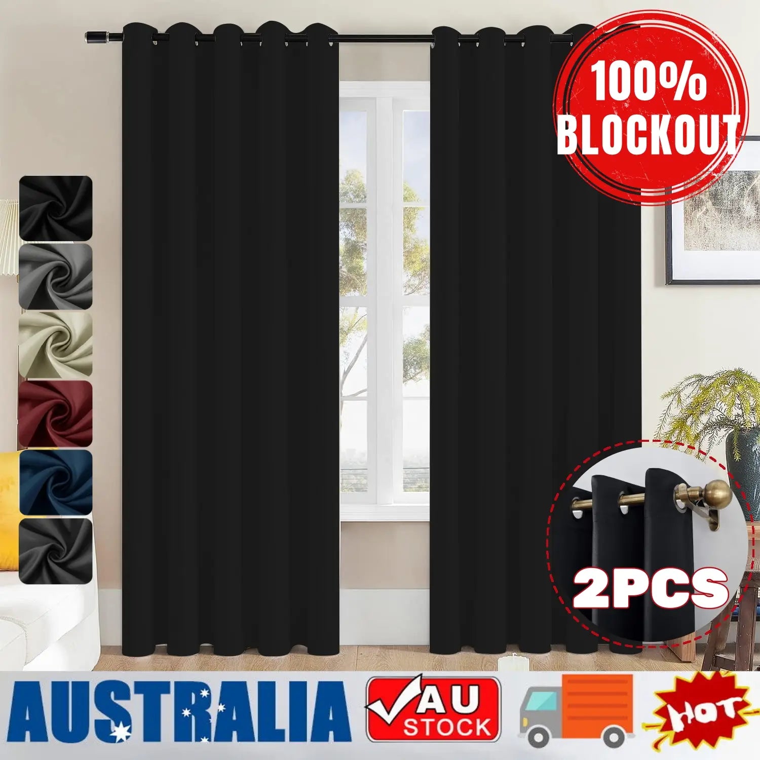 black blackout curtains with a sleek solid design and grommet top for easy hanging in a cream 3 layer eyelet pair measuring 132x242cm