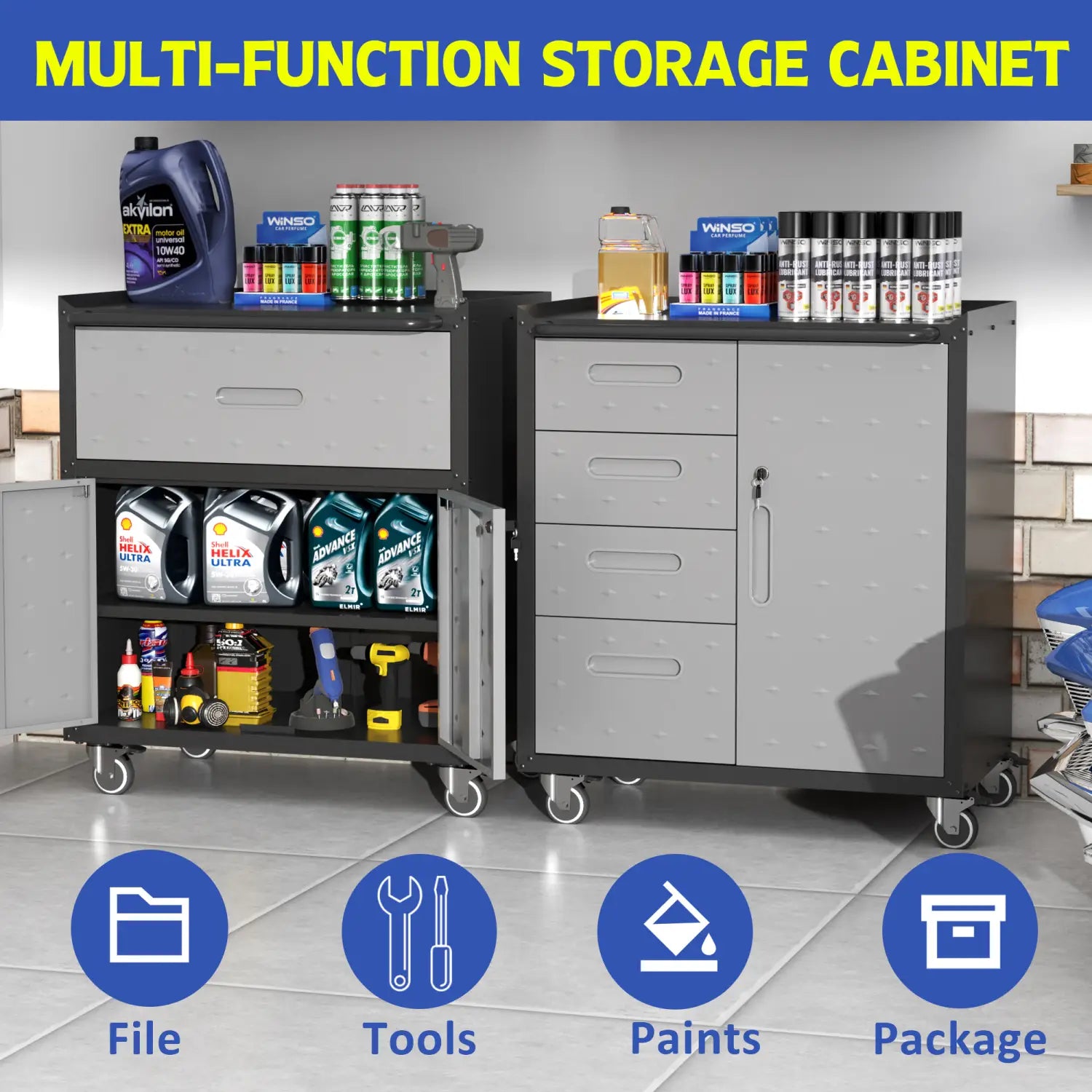 metal tool storage cabinet with wheels in black and gray featuring four drawers and doors for organizing tools paints files and packages