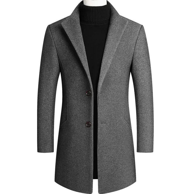 Herren-Mantel aus Wollmischung, mittlere Länge, in Anthrazitgrau mit einem eleganten Design mit Reverskragen und zwei Vorderknöpfen.