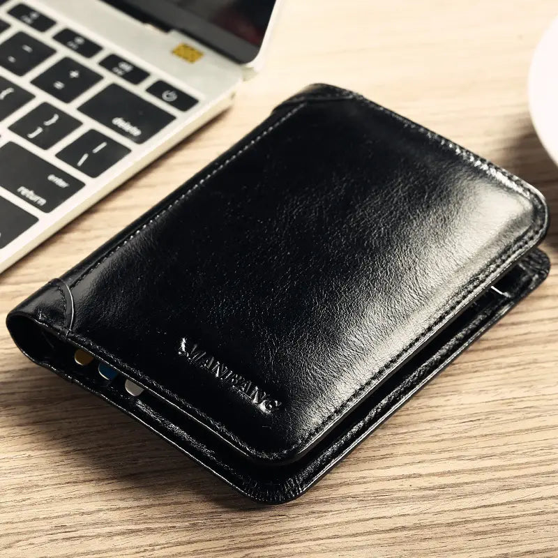 men’s brown leather wallet with card slots shown from the back side featuring black leather with embossed branding and visible stitching