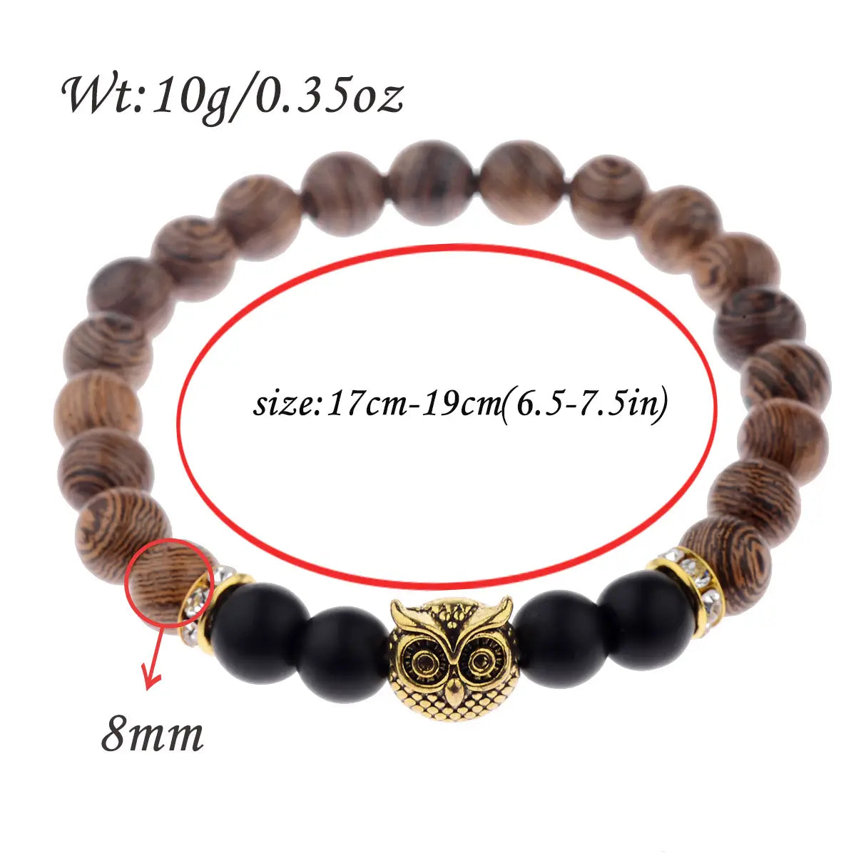 Wooden owl themed crystal owl charm wood and onyx beaded bracelet with dark brown textured beads and black accent spheres.