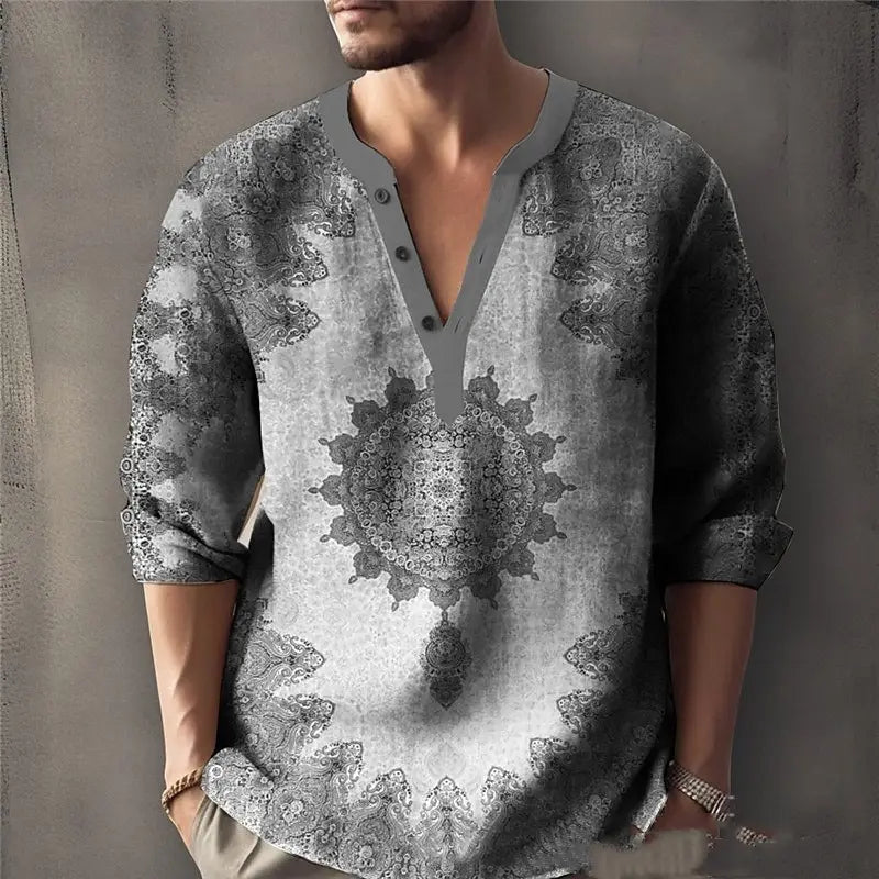 Camisa de lino para hombre con estampado de mandala en color gris, con frente abotonado y mangas remangadas.