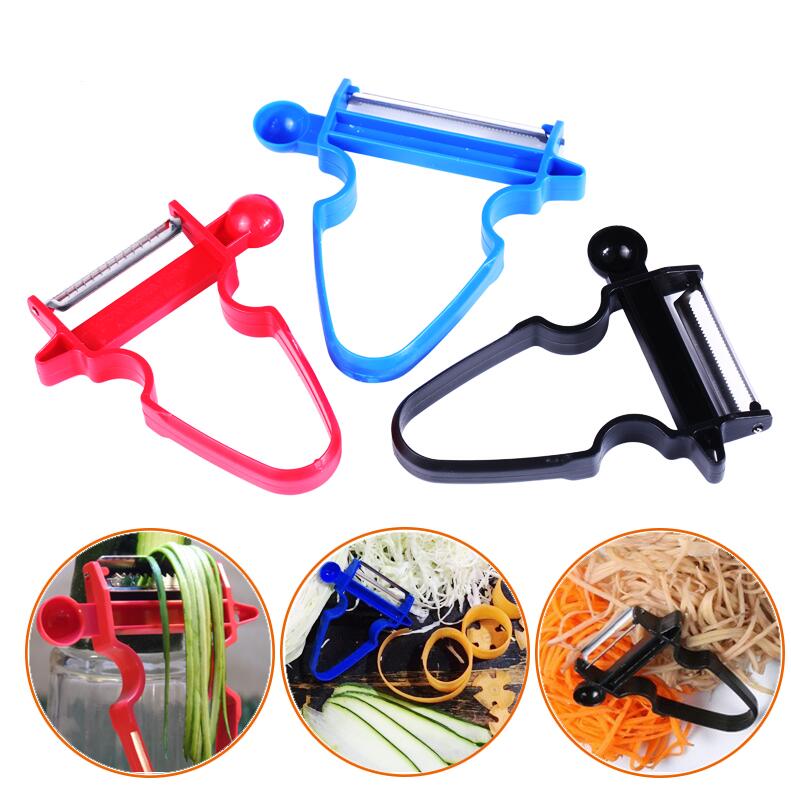 Set of three stainless steel vegetable peelers with red blue and black plastic handles designed for efficient peeling tasks.