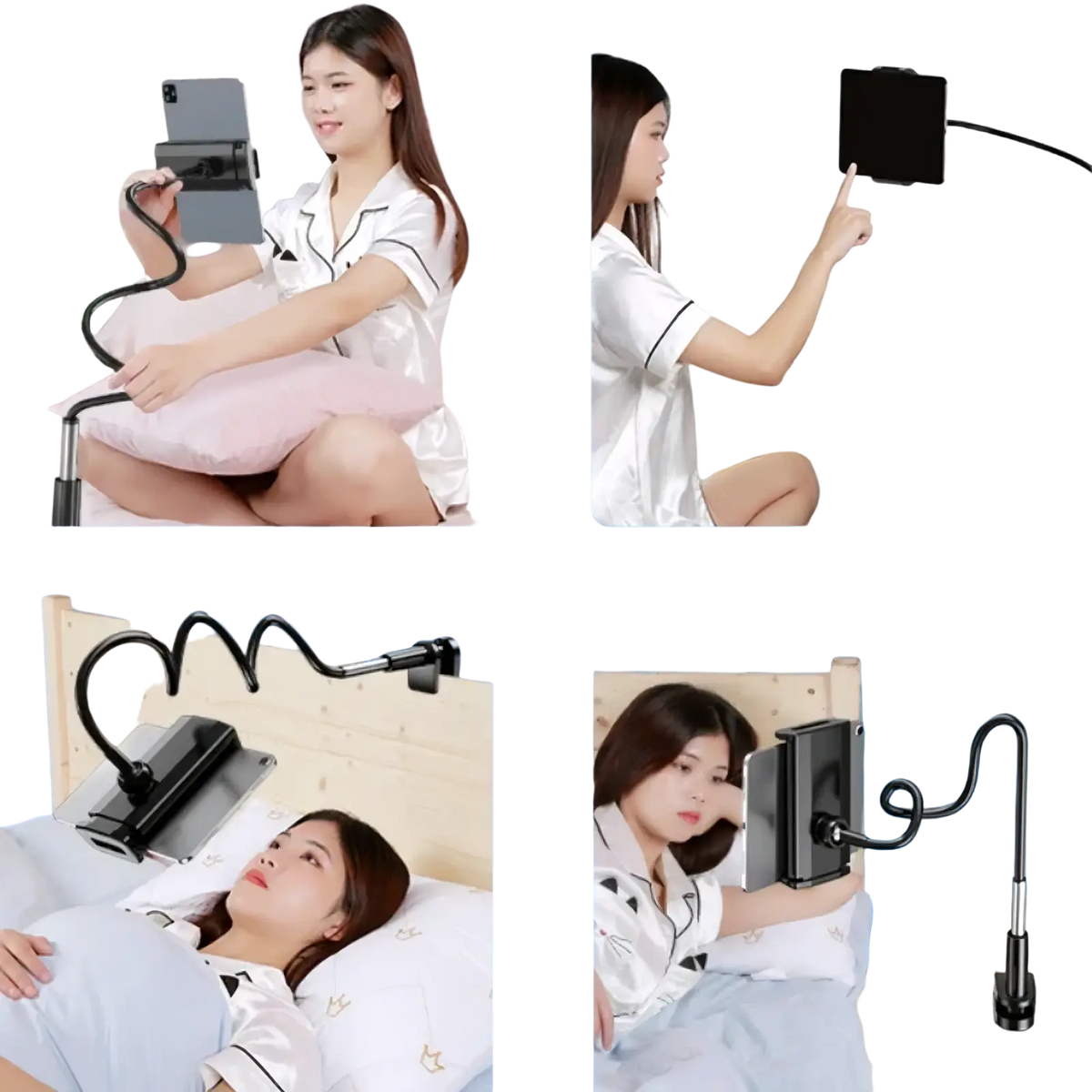 Black flexible gooseneck phone stand with adjustable clamp and tablet holder for bed use 360 rotating mount