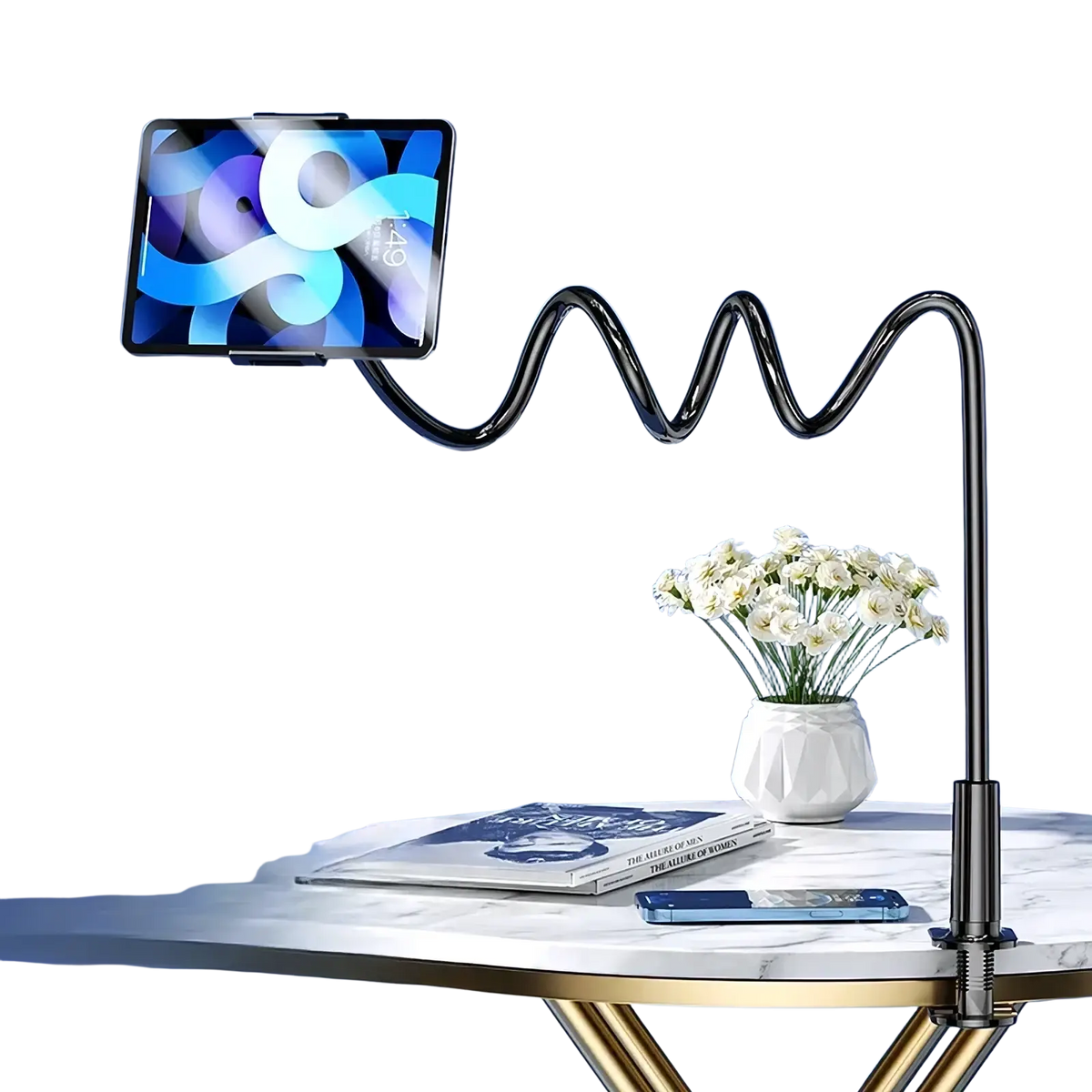 Black flexible gooseneck tablet holder with sleek curved design holding an ipad for bed tablet mount 360 rotating stand