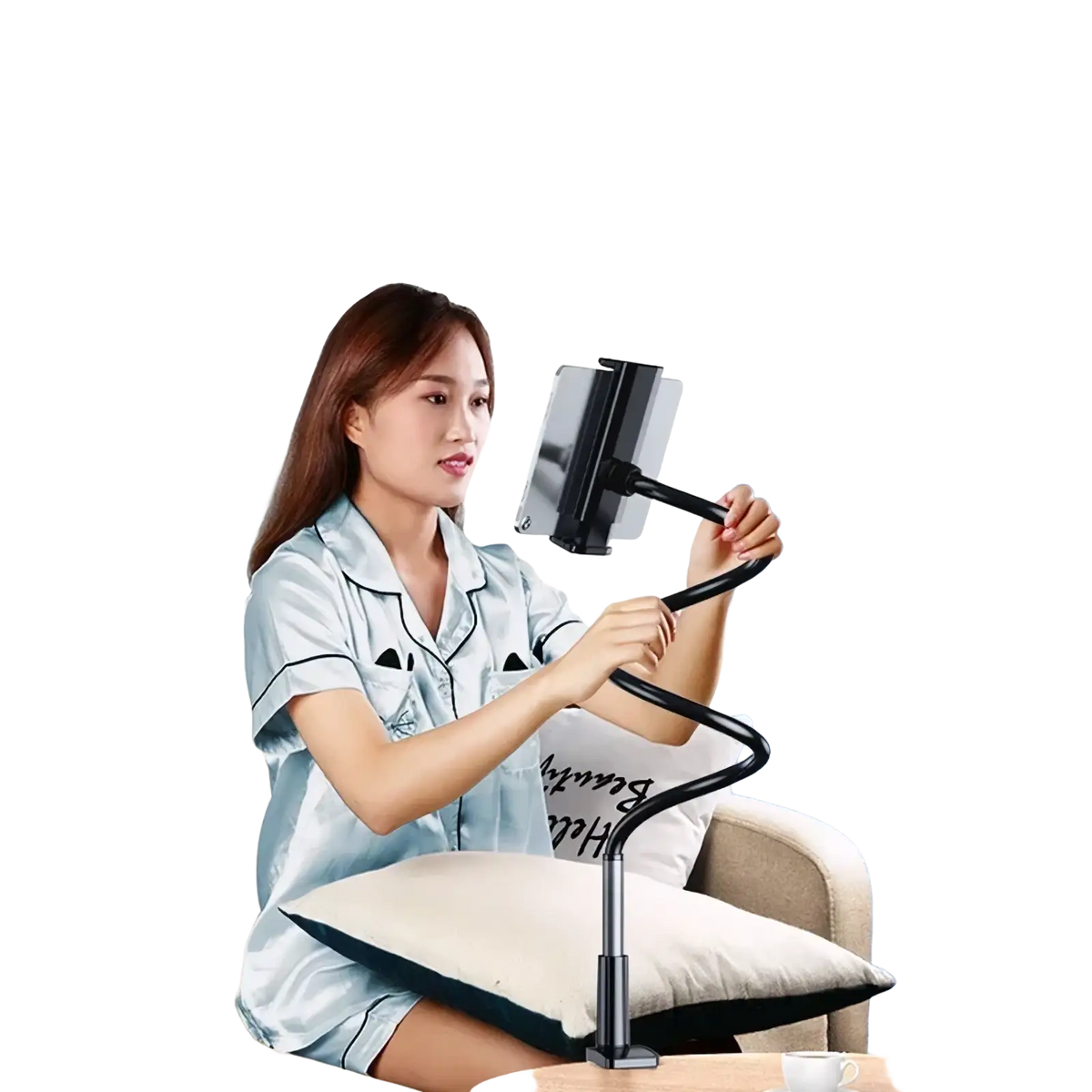 Black flexible arm phone stand with adjustable clamp and base for bed tablet mount 360 rotating gooseneck stand