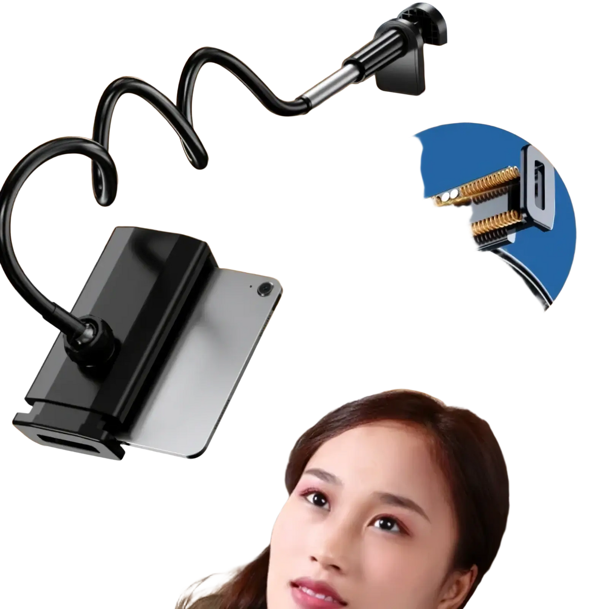 Black flexible arm phone mount with adjustable clamp and tablet holder for bed tablet mount 360 rotating gooseneck stand