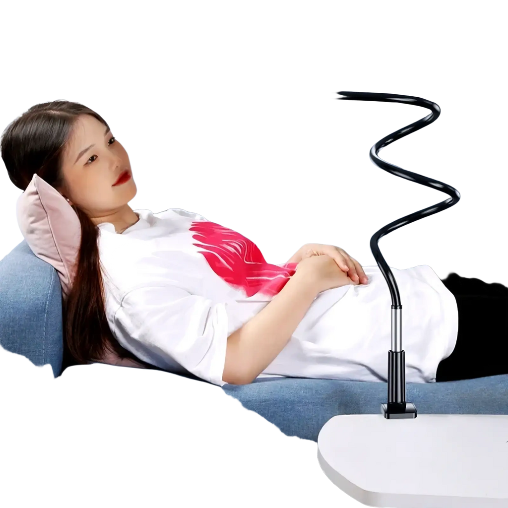 Black flexible arm tablet stand with adjustable clamp and base for bed tablet mount 360 rotating gooseneck stand