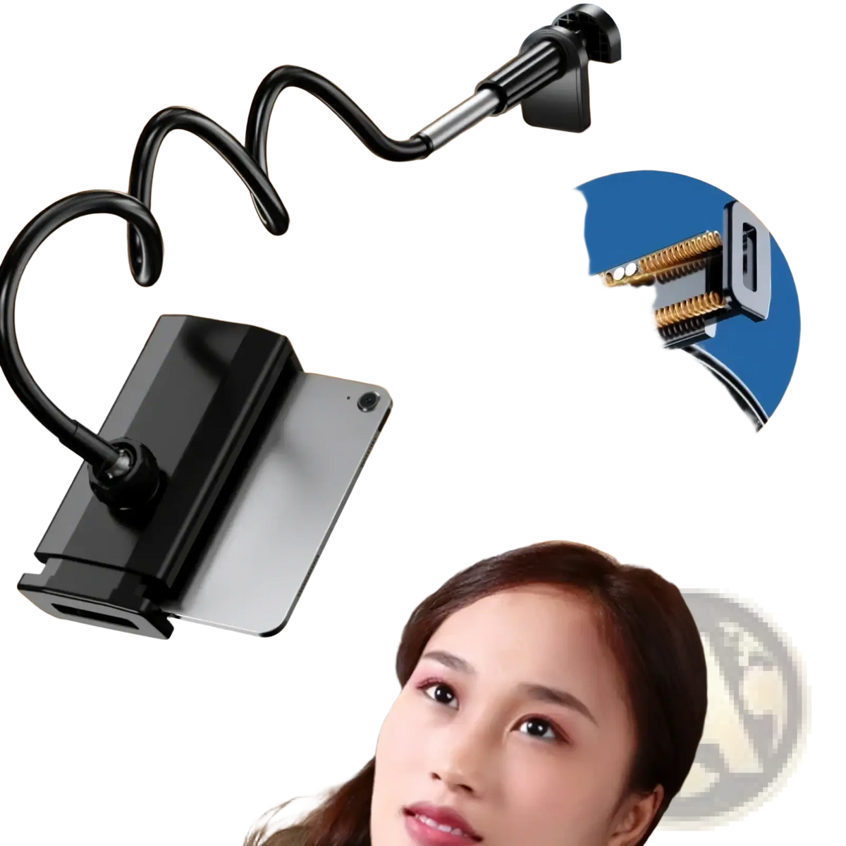 Black flexible arm phone mount with adjustable clamp and tablet holder for bed tablet mount 360 rotating gooseneck stand