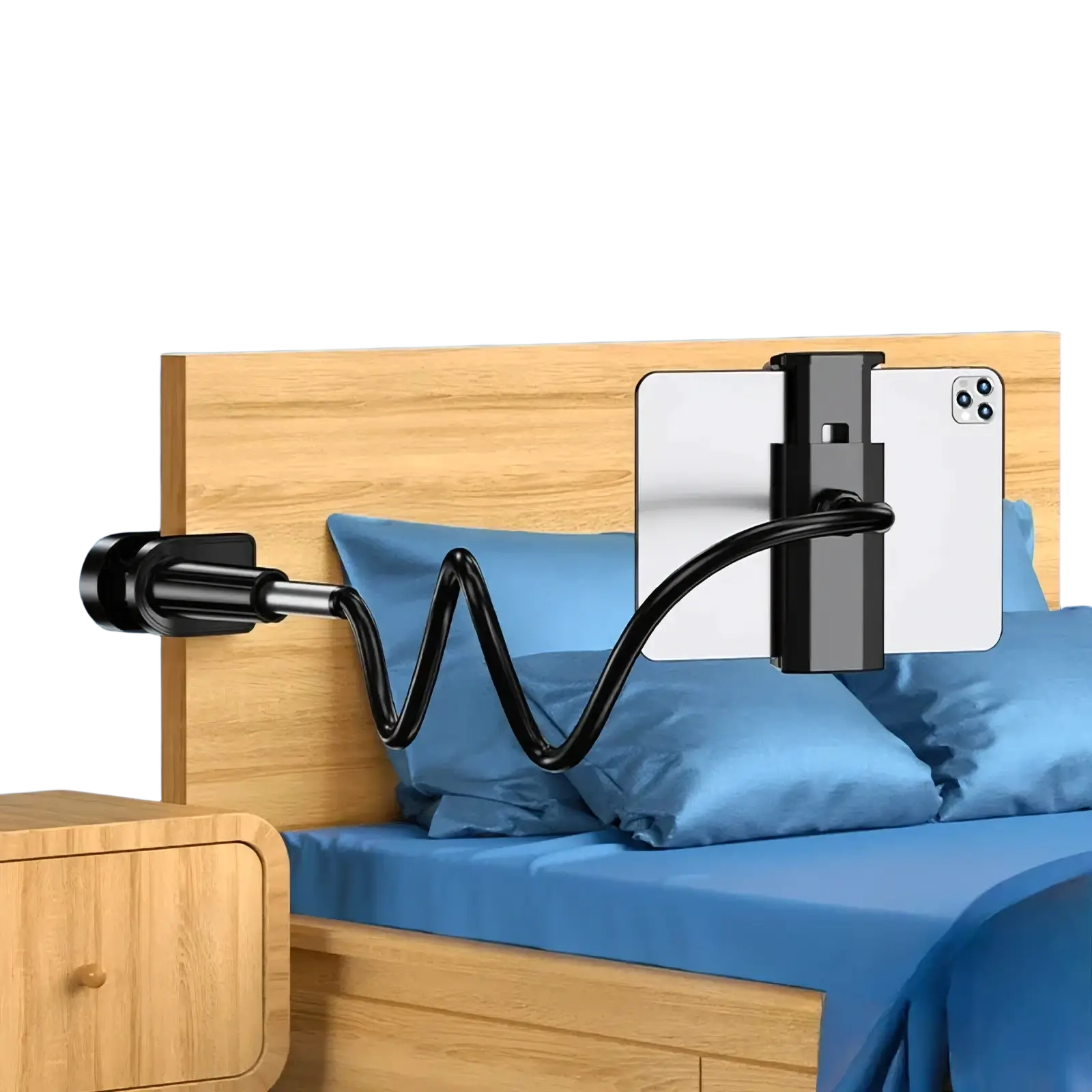 Black flexible arm bed tablet mount 360 rotating gooseneck stand attached to a wooden headboard
