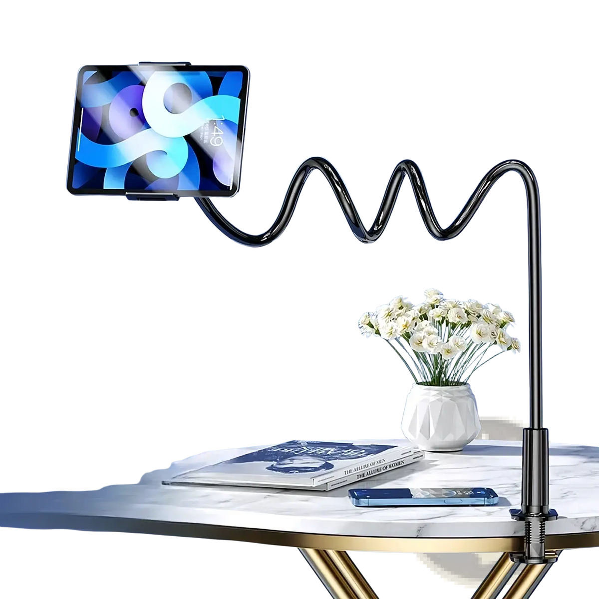Black flexible gooseneck tablet holder with sleek curved design holding an ipad for bed tablet mount 360 rotating stand