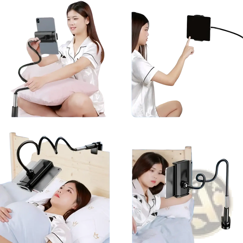 Black flexible gooseneck phone stand with adjustable clamp and tablet holder for bed use 360 rotating mount