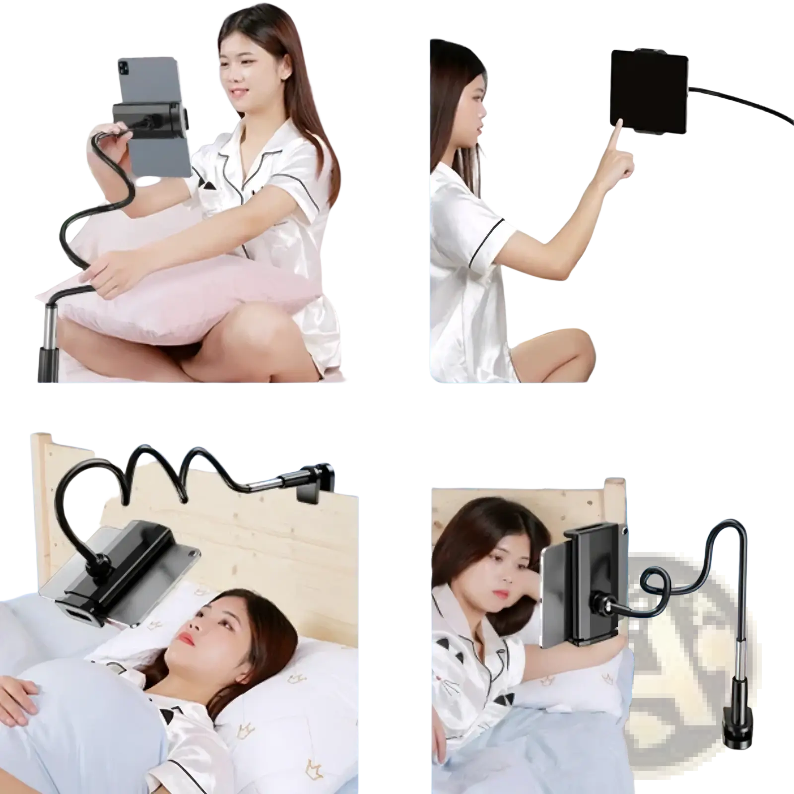 Black flexible gooseneck phone stand with adjustable clamp and tablet holder for bed use 360 rotating mount