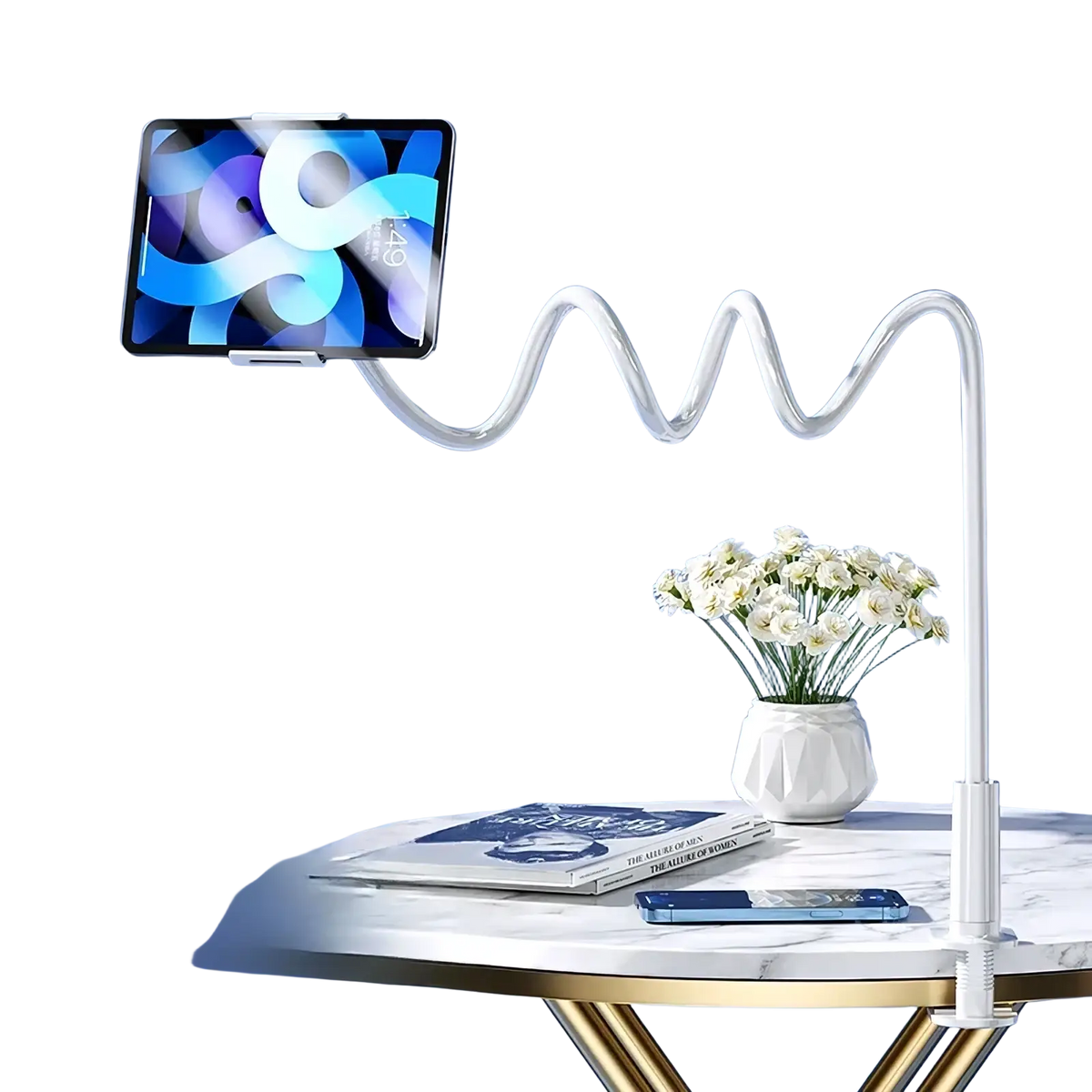 Clear flexible silicone arm bed tablet mount with white base and clamp 360 rotating gooseneck stand