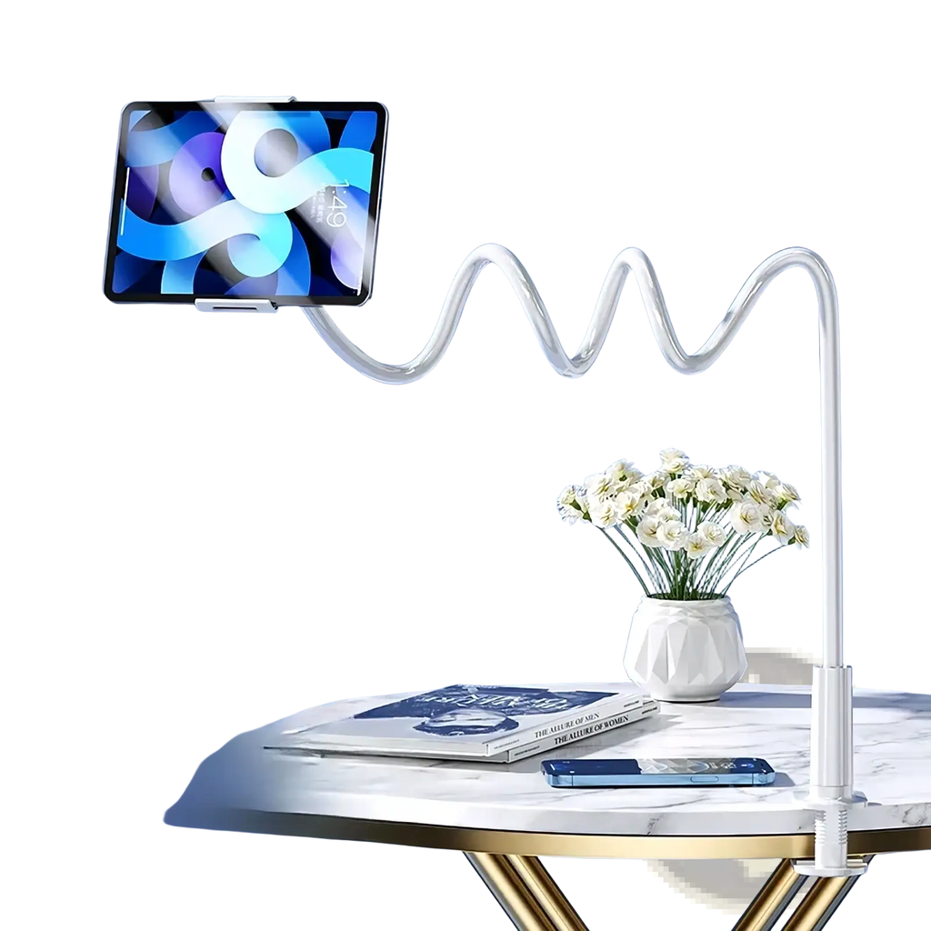 Clear flexible silicone arm bed tablet mount with white base and clamp 360 rotating gooseneck stand