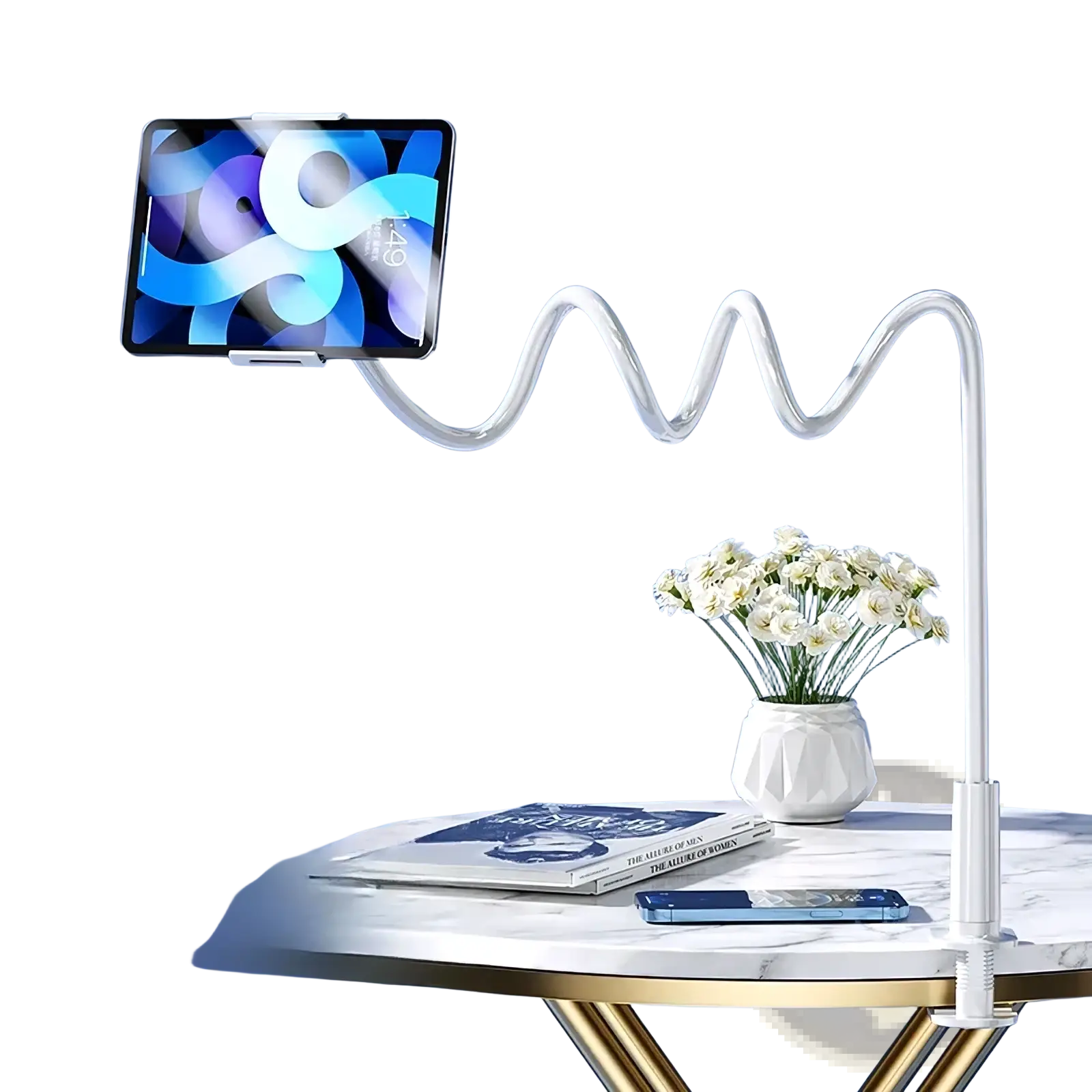 Clear flexible silicone arm bed tablet mount with white base and clamp 360 rotating gooseneck stand