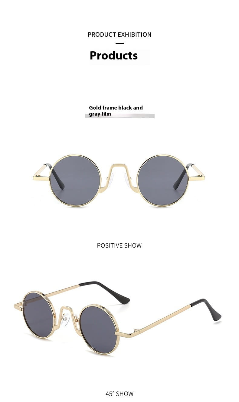 Retro round hip hop sunglasses featuring gold-rimmed frames with black and gray tinted mirrored lenses.