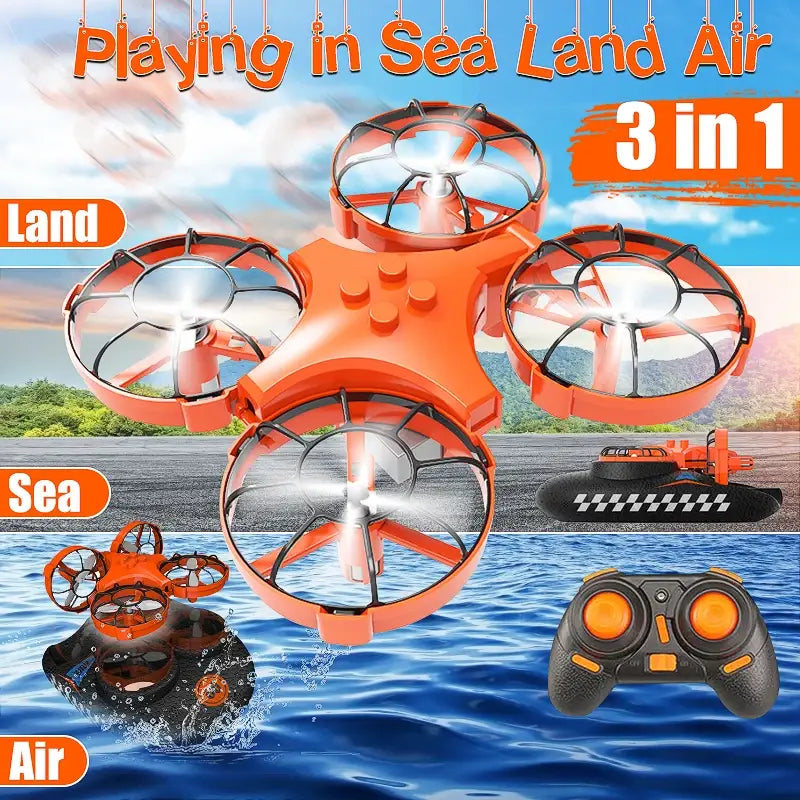 Vehículo estacionario (hovercraft) de dron 3 en 1 teledirigido color naranja con cuatro hélices, diseñado para juego en tierra, mar y aire.