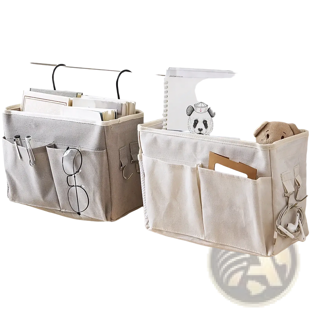 Beige linen bedside storage caddy desk organizer with multiple pockets and black hanging straps for easy access